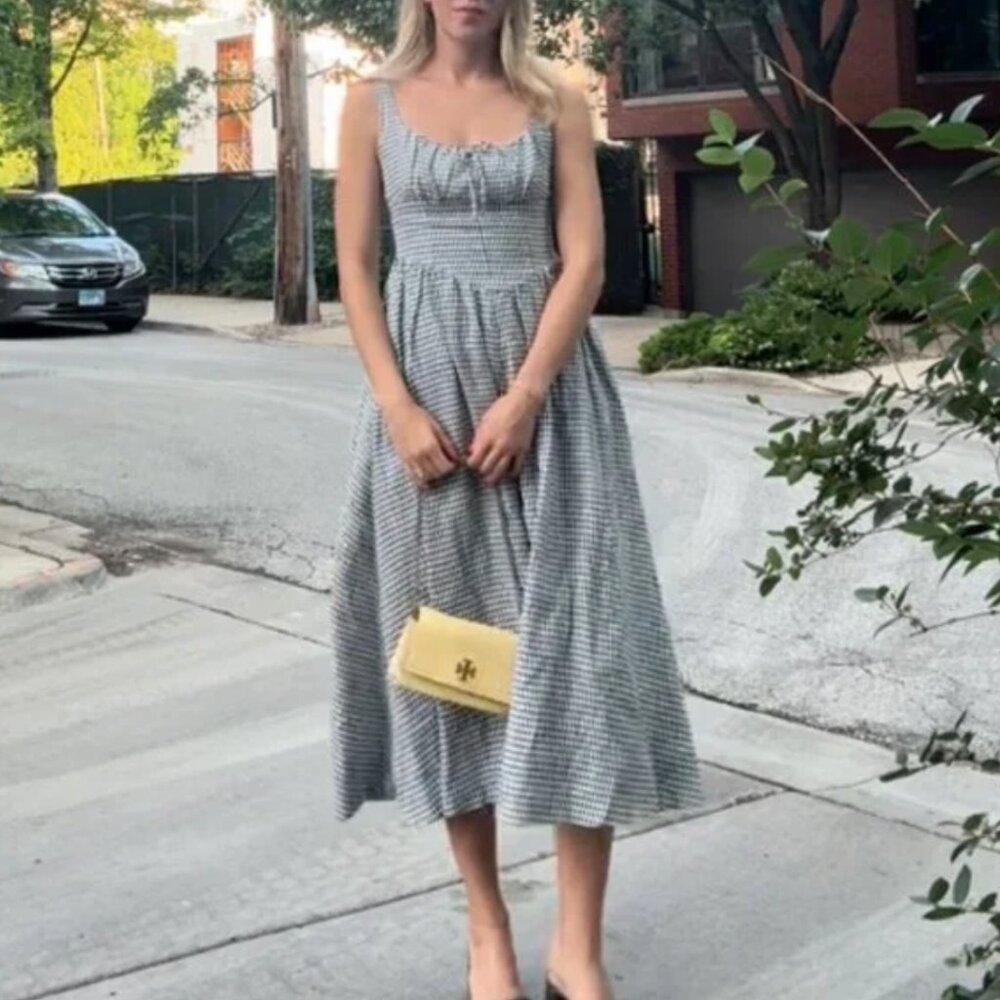 BEST Reformation Balia Linen Midi Dress Sz0 Slate Check Linen Vacation Party - Picture 10 of 13
